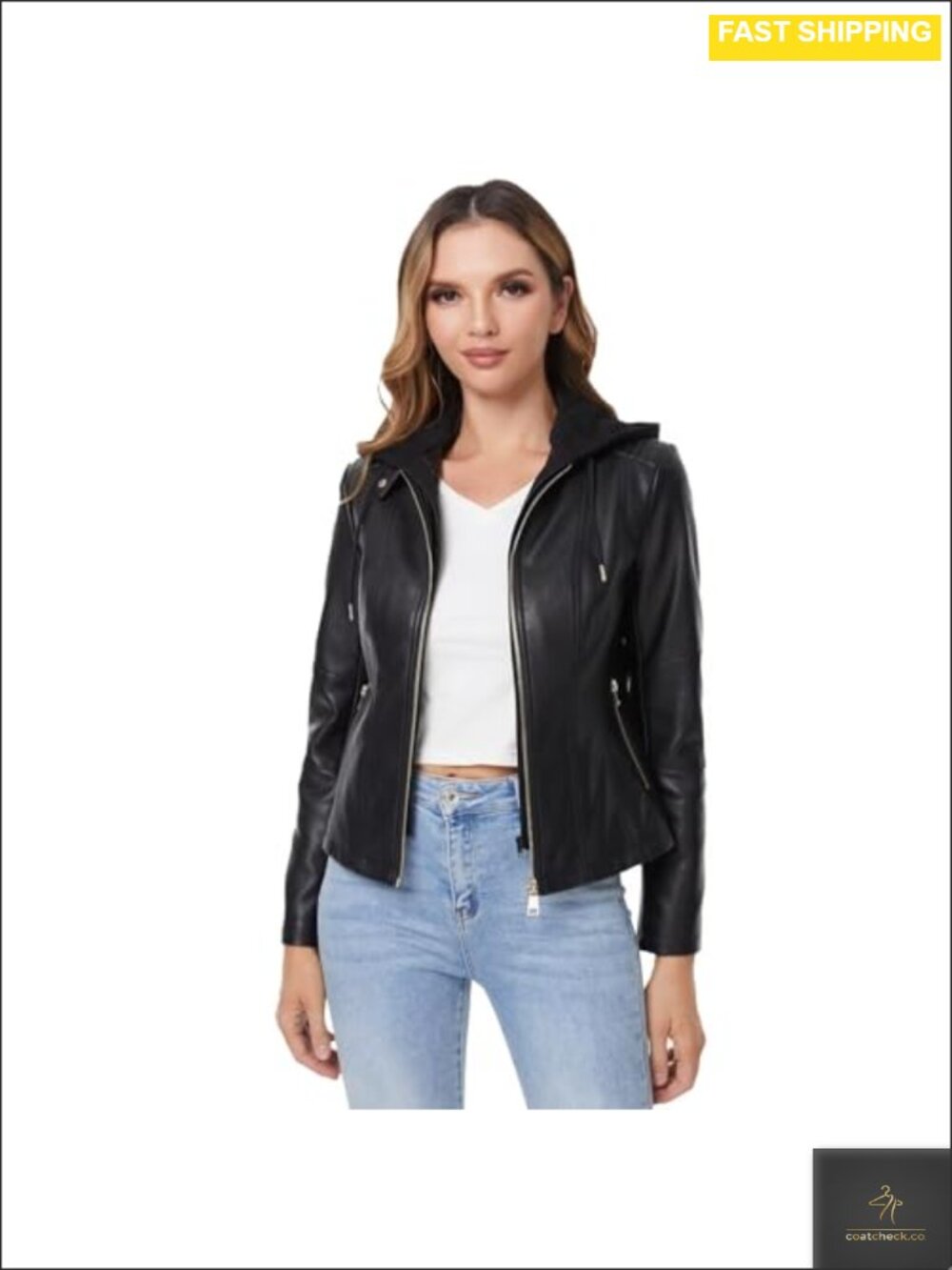 Faux Leather Moto Biker Jacket Removable Hooded Slim Fit Women's Coat